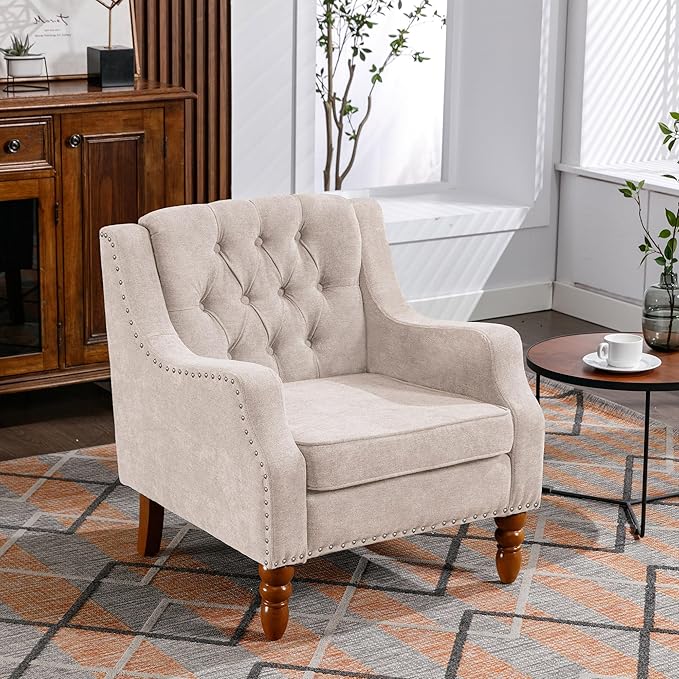 Beige Accent Chair Living Room Chair Footrest Chair Set with Vintage Brass Studs Button Tufted Upholstered Armchair for Living Room Comfy Reading Chair for Bedroom Reception Room