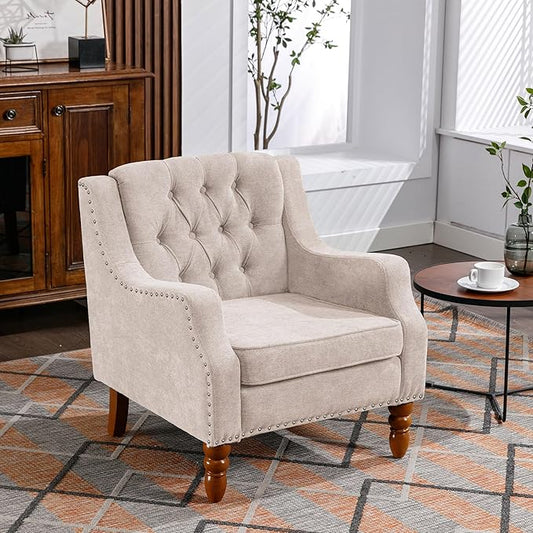 Beige Accent Chair Living Room Chair Footrest Chair Set with Vintage Brass Studs Button Tufted Upholstered Armchair for Living Room Comfy Reading Chair for Bedroom Reception Room