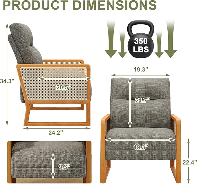 Linen Accent Chair Living Room Chairs with Rattan Arms Armchair with Ash Wood Legs for Reading Brownish Gray