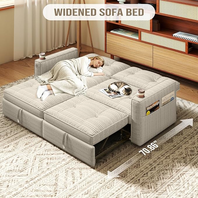 Rovibek 73.2 Convertible Sofa Bed Pull Out Couch with USB Charging Port &amp Cup Holders Adjustable Backrest Side Pockets Modern Corduroy Sleeper Sofa for Living Room Bedroom Apartment Beige
