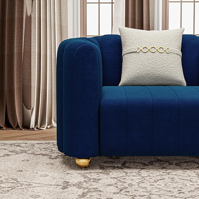 42 Velvet Sofa Chair for Living Room Modern Single Sofa with Gold Metal Sphere Legs (Blue-1 Seater)