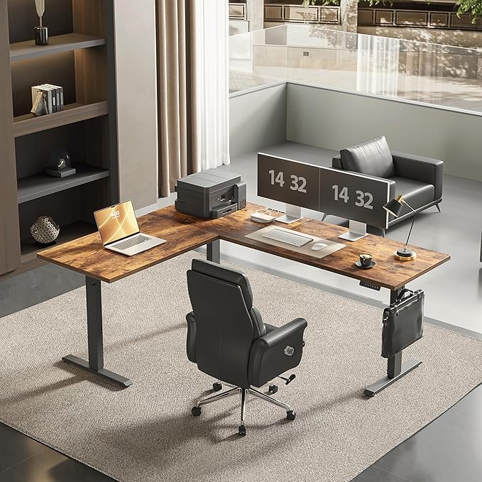 Agilestic Triple Motors 73 x 60 L Shaped Standing Desk Electric Standing Desk Adjustable Height Extra Large Desktop Corner Table for Home Office Gaming Workstation Splice Board Rustic Brown