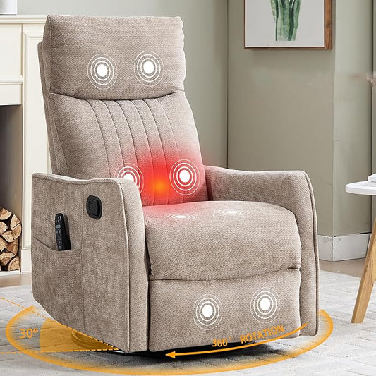 Small Swivel Rocker Recliner Chair for Nursery Heat &amp Massage Manual Upholstered 360° Fabric Glider Chair Small Recliners for Small Spaces Living Room (Khaki)