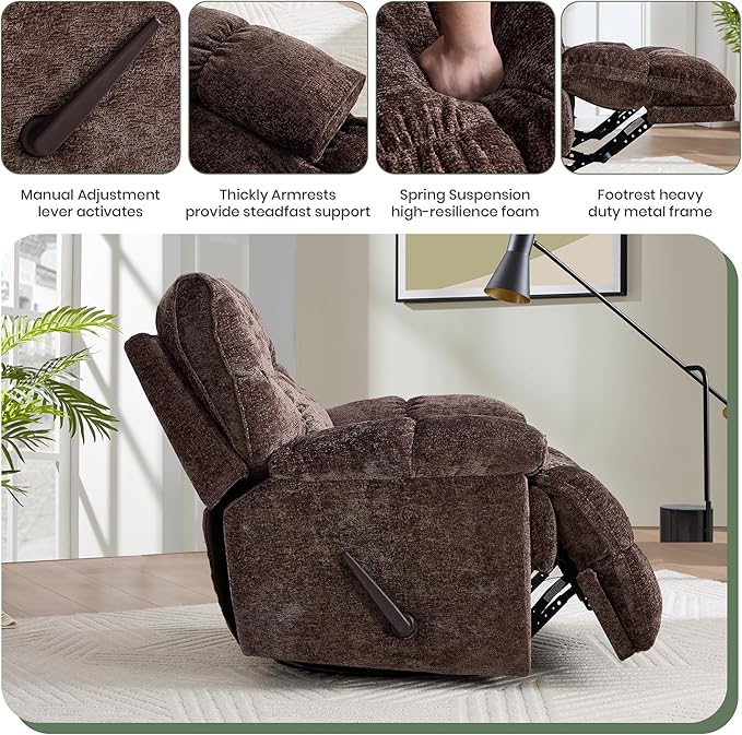 Oversized Rocker Recliner Chair 42” Power Swivel Recliner for Living Room Overstuffed Extra Wide Rocking Recliners with Breathable Soft Fabric Up to 400lbs(Manual Brown)