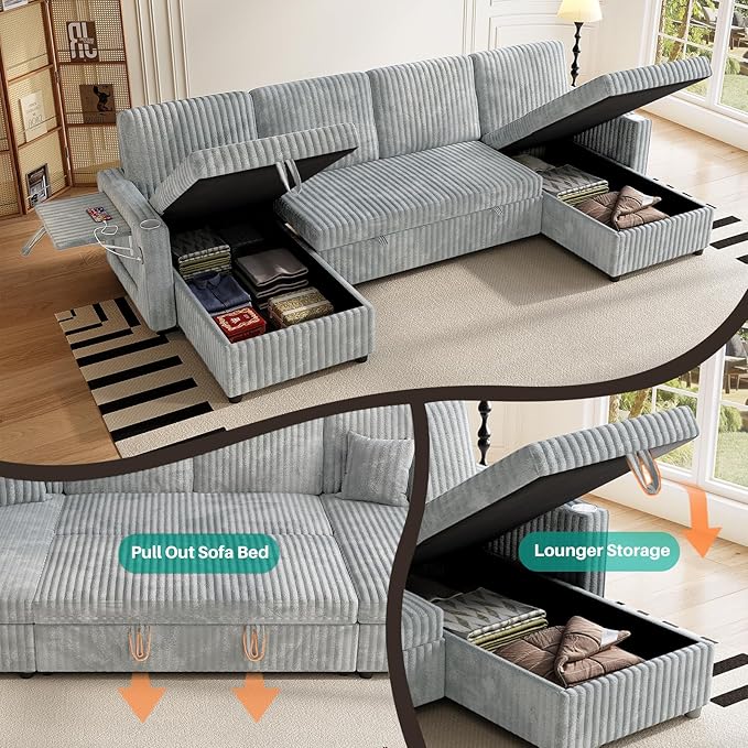 Sleeper Sectional Sofa 110 Modern U Shaped Couch with Pull Out Bed Convertible Corduroy Cloud Sofa with Double Storage Chaise USB Small Desktop Comfy Modular Couch for Living Room Light Gray