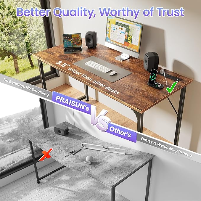 PRAISUN 47 X 20 Inch Office Computer Desk with Power Outlets and USB-C Port Larger Gaming Desk for Home Office Study Bedroom Writing Work from Home Table Metal Frame Rustic Brown