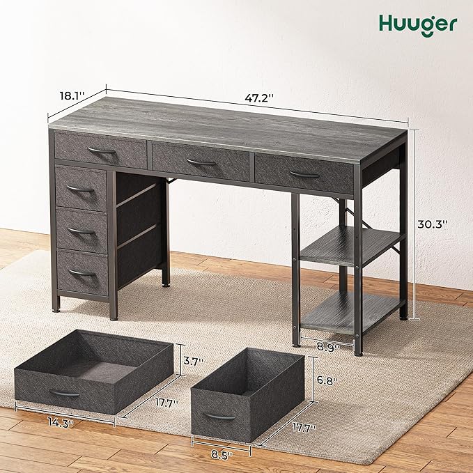 Huuger Computer Desk with 6 Drawers Office Desk with Shelves Reversible Gaming Desk Corner Desk with Storage Work for Home Office Study Living Room 47inch Gray