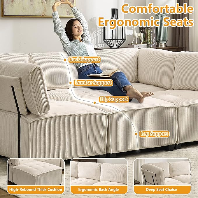 121 U Shaped Modular Sectional Sofa Couch 6 Seat Convertible Upholstered Deep Seat Sleeper Sofa with Chaise Lounge Cloud Couch for Living Room Beige White