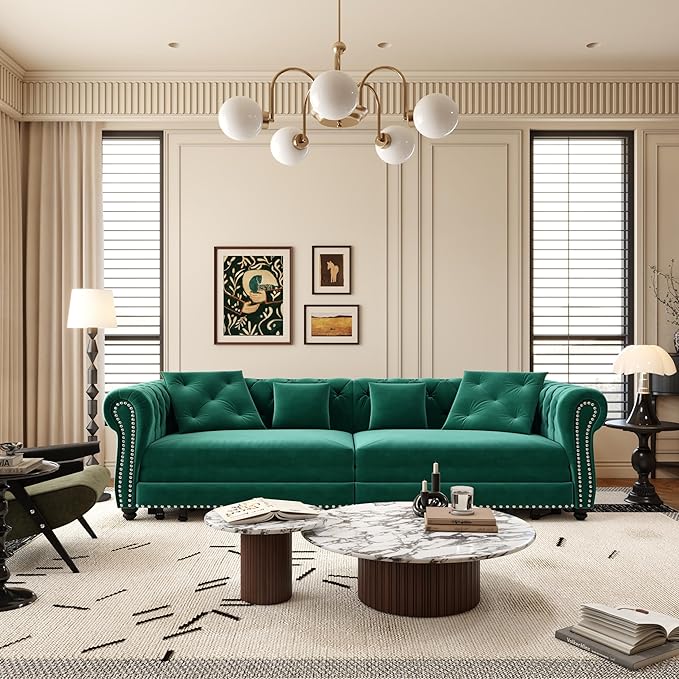 healthomse 89 King Size Pull Out Sofa Bed 3-in-1 Velvet Convertible Sleeper Sofa with Movable Ottoman Tufted Modern Sofa with 2 Pillows for Bedroom Living Room Apartment (Green 89inch)