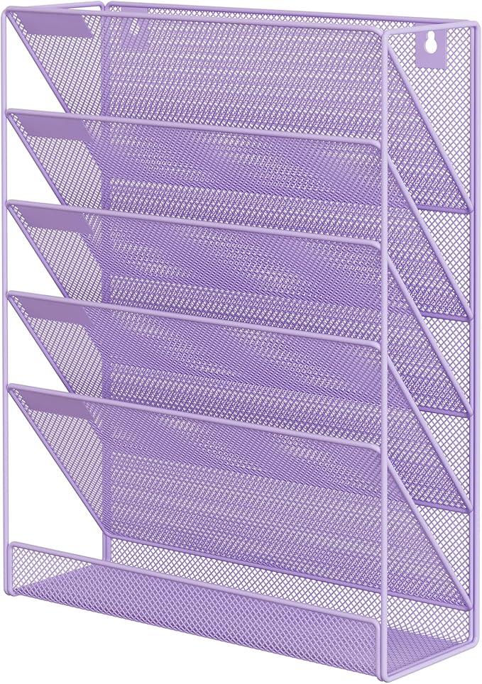 EasyPAG 5 Tier Wall File Holder Mesh Hanging Folder Organizer with Classify Label Versatile Desk File Holder Vertical Wall Mounted Mail Organizer for Office Home Cubicle Purple