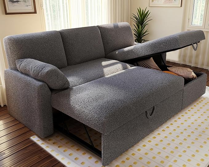 AMERLIFE Sleeper Sofa 2-in-1 Sofa Bed with Storage Chaise Pull Out Sofa Couch for Living Room Guest Room Boucle Dark Grey
