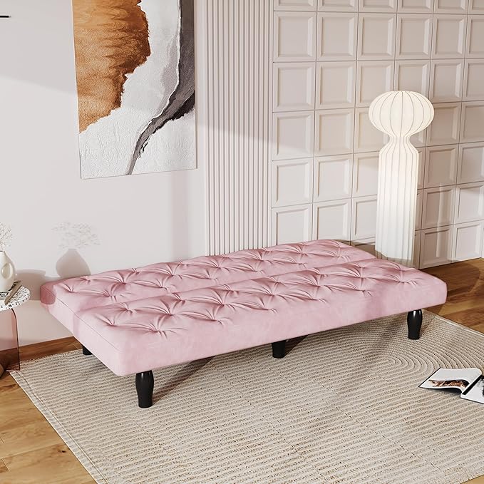 66 Pink Velvet Futon Sofa Bed Sturdy Wood Frame &amp High-Elastic Foam 3 Adjustable Gears Multi-Functional for Living Room/Apartment/Bedroom Easy Assembly