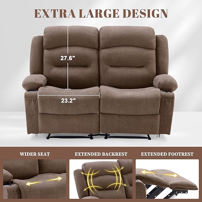 Oversized Recliner Sofa with Heat and Massage Big Large 2-Seater RV Recliner Couch Sofa for Living Room Wall-Hugger Reclining Sofa with Cup Holders and USB Port(Fabric Brown)