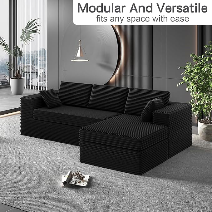 108-inch Boneless Couch for Living RoomComfy Boneless Sofa with Deep Seats &amp Chaise Lounge 3-Seat Modular Sofa Memory Foam Sectional Couches - No Assembly Required(Dark Black)