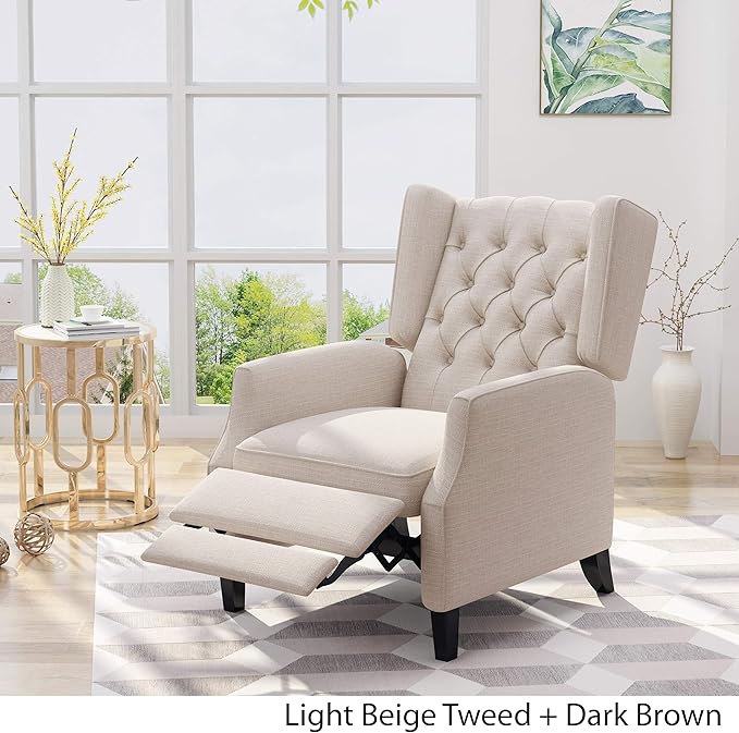 Christopher Knight Home Diana Wingback Recliner Light Beige Tweed + Dark Brown
