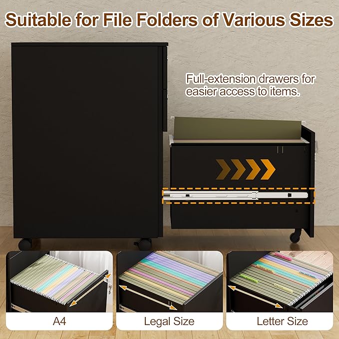 3 Drawers File Cabinet with 3 Lock Mobile Metal Filing Cabinet Fully Assembled Except Casters for Home Office for A4 Letter Legal File Folders Black