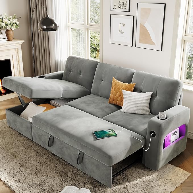 IDEALHOUSE 84 Sleeper Sofa with Storage &amp Charging Station Convertible Sectional Couch Bed with LED Lights Reversible Chaise Pull Out Sofa Bed for Living Room Apartment Velvet Light Grey