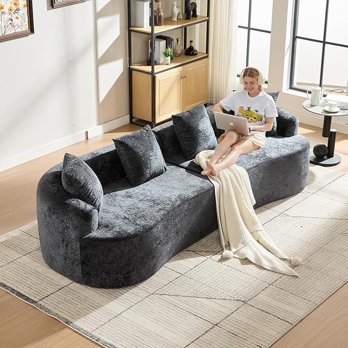 Curved Sectional Couch 110 Chenille Cloud Sofa with 4 Pillows 4-Seater Sleeper Sofa for Living Room Apartment Full Compression Sponge (Black 110 Inch)