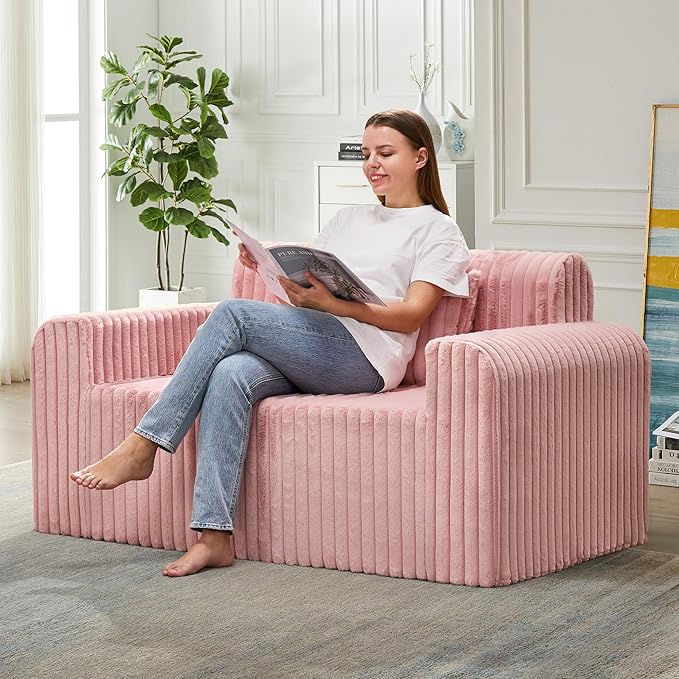 Hobestluk Couch Sofa 2-Seater Foam Sofa Loveseat for Small Spaces Comfy Sofas with Removable Cover Furry Couch with Pillows for Living Room Bedroom Apartment Office (Pink Loveseat)