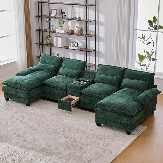126 Modular Sectional Sofa with Storage Console Cloud Couch Chenille U-Shaped Sofa Cup Holders &amp Wireless Charger Memory Foam Double Chaise for Living Room Office Green