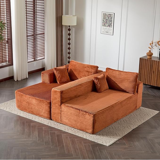 110 Modular Sectional Boneless Couchw ith Chaise LoungePlush Corduroy Upholstered Cloud CouchDeep Seat L-Shaped Floor SofaCompressed Packaging for Easy DeliveryNo Assembly NeededOrange