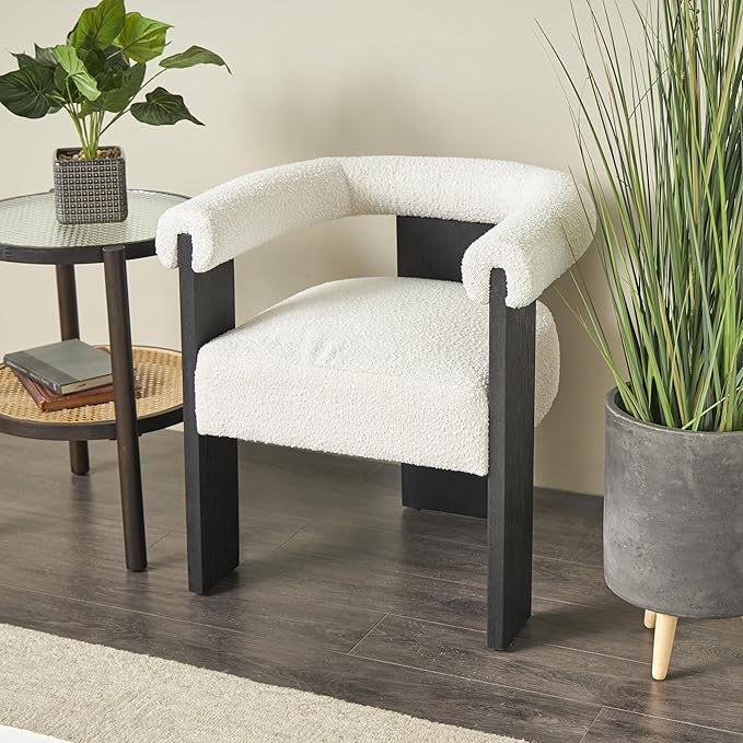 Deco 79 Polyester Curved Back Mid Century Modern Round Boucle Accent Chair with Black Wood Frame 27 x 23 x 28 White