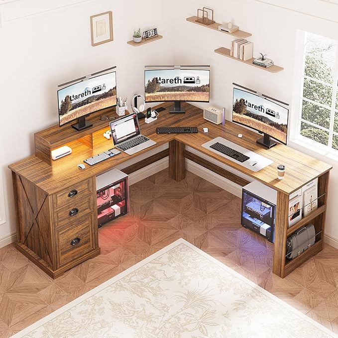 Executive L Shaped Desk with Monitor Stand 59 inch Farmhouse Corner Computer Desk with Power Outlets &amp LED Lights Home Office Desk with File Cabinet for Working Gaming Writing Dark Walnut