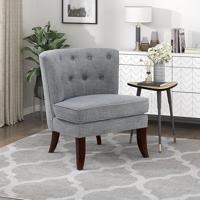 Lexicon Accent Chair Textured Fabric Upholstered Armless Chair with Solid Wood Legs Button Tufted Curved Back for Living Room/Bedroom/Office/Waiting Area Dark Gray