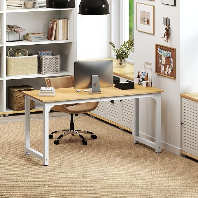 NSdirect Modern Computer Desk 63 Inch Large Office Desk Writing Study Table for Home Office Desk Workstation Wide Metal Sturdy Frame Thicker Steel Legs White