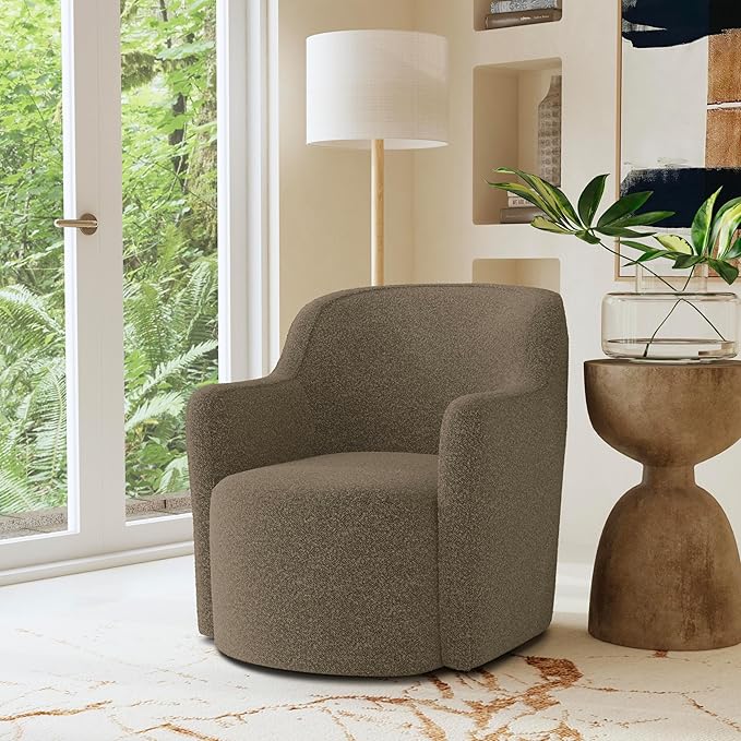 Homepop Home Décor Upholstered 360° Barrel Back Swivel Chair | Accent Chairs for Living Room &amp Bedroom | Decorative Home Furniture Dark Brown Boucle