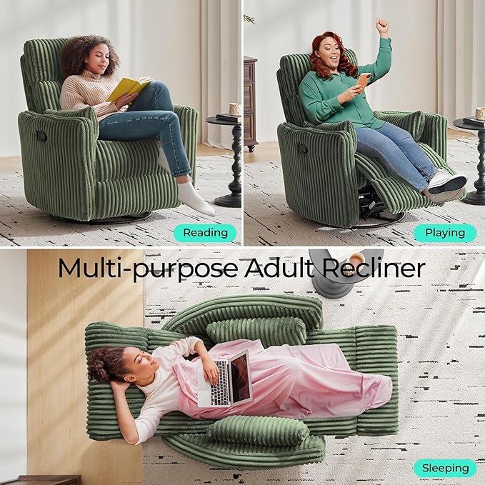 LINSY 360 Swivel Recliner Chair Nursery Glider Rocking Chair with 2 Pillows Corduroy Nursing Chair Comfy High Back Adult Rocker Recliner for Small Spaces Nursery Bedroom Living Room (Green)