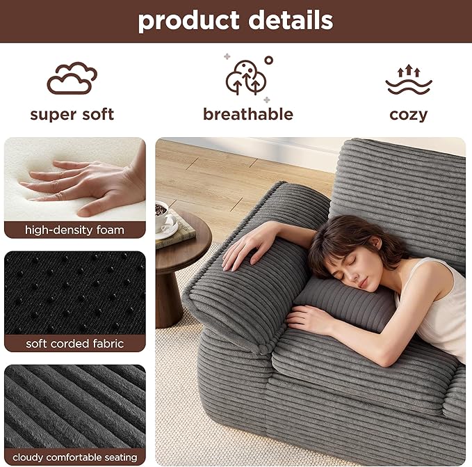 71 Cloud Boneless Couch Loveseat Sofa with Deep Seat Memory Foam Small 2 Seater Corduroy Couch in A Box No Assembly Compressed Sofa for Living Room Bedroom Apartment Dark Grey