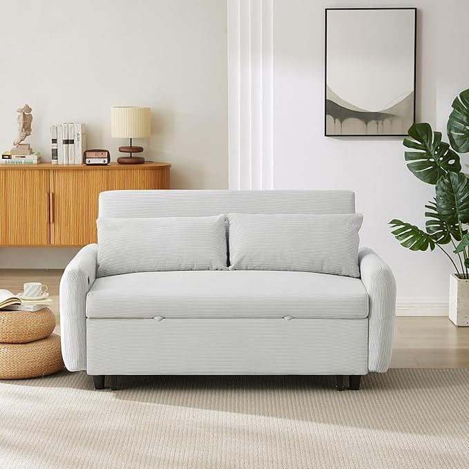 Merax 57.48 Loveseat Sofa Couch with Pull Out Bed 3 in 1 Convertible Corduroy Fabric Sleeper Sofa Bed with USB Ports and 2 Soft Pillows for Apartment Office Living Room (Light Blue)