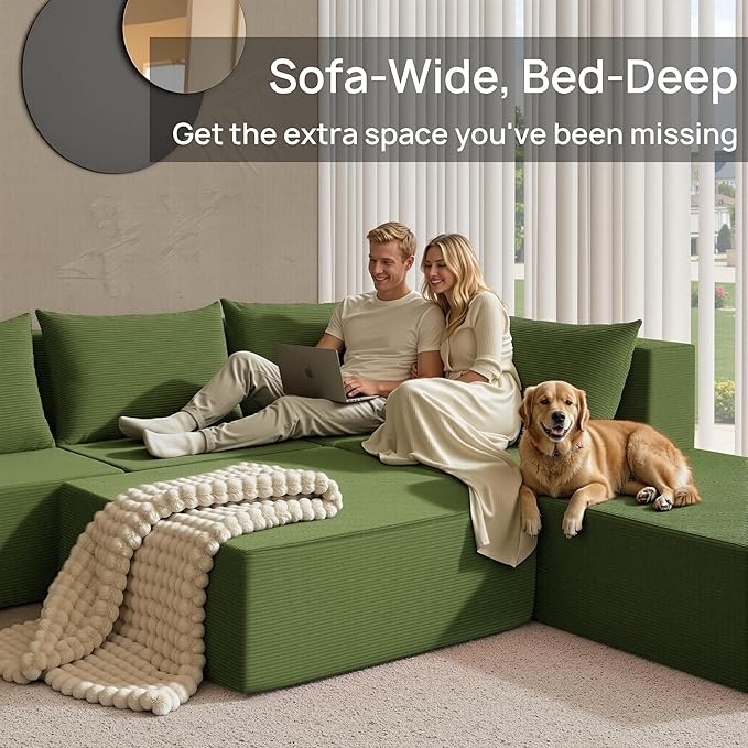YINIX 140 Modular Sectional Sofa Couches Corduroy Sleeper Deep Seat Sofa Bed Comfy Cloud Couch for Living Room Floor Sofa 6 Piece Free Combination Compression No Assembly Required Green