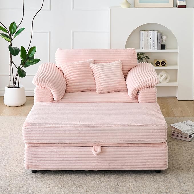 Oversized Chaise Lounge Chair with Storage Ottoman &amp USB Ports Fluffy Corduroy Cloud Couch Sleeper Sofa Bed with Arm Rest Comfy Overstuffed Sofa Chair Set for Living Room Bedroom (Pink)