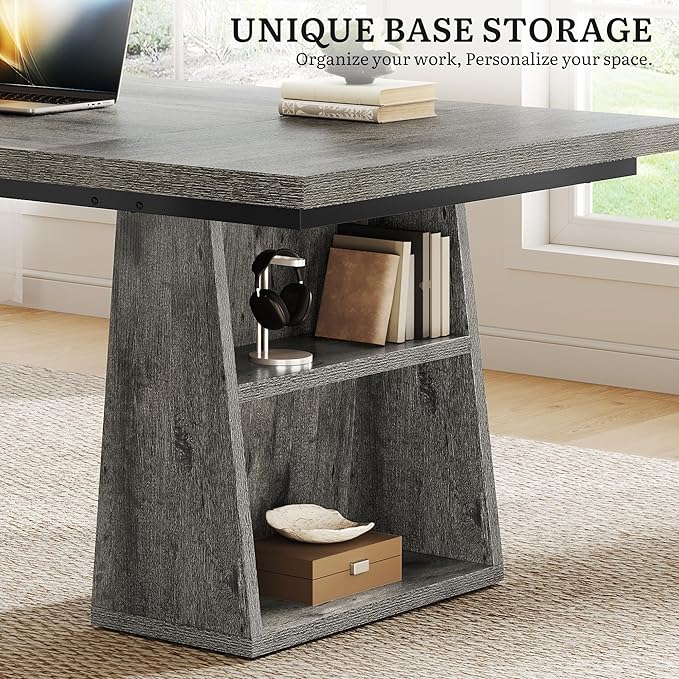 YITAHOME 63 Executive Desk Large Office Desk Computer Desk with Double Pedestal and Storage Shelves Wood Simple Workstations Writing Table Conference Table Business Furniture for Home Office Grey