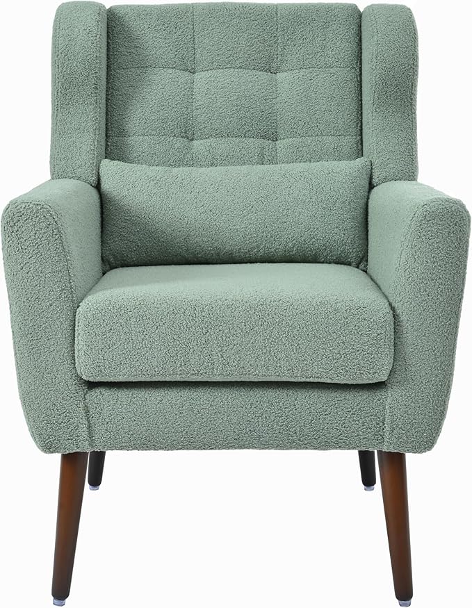 Modern Accent ChairTeddy Fabric Living Room Chairs Comfy Reading ChairMid Century Accent Chair Lounge Arm Chairs Armchair for Living Room Bedroom (Light Green)
