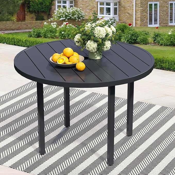 47 Round Patio Dining Table for 6 All-Weather Metal Patio Table with Umbrella Hole Outdoor Round Dining Table for Lawn Garden Porch Black