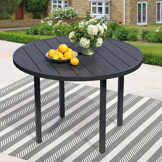 47 Round Patio Dining Table for 6 All-Weather Metal Patio Table with Umbrella Hole Outdoor Round Dining Table for Lawn Garden Porch Black