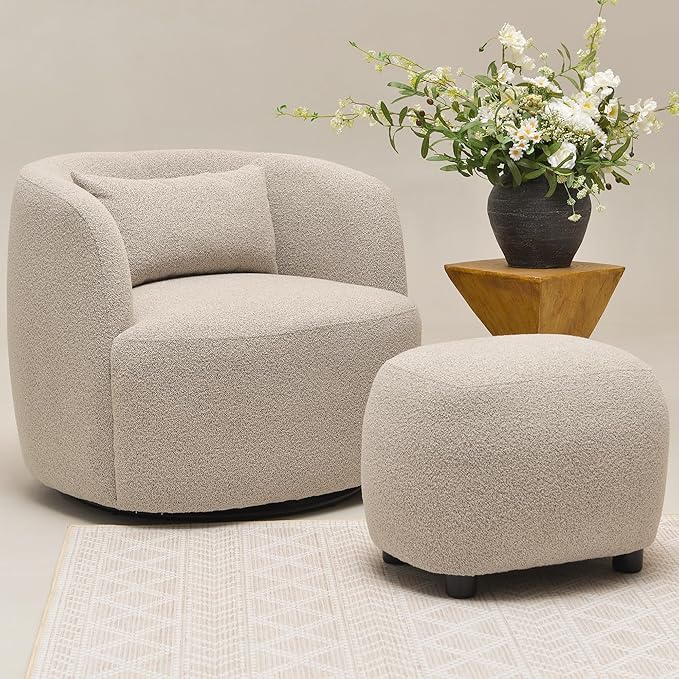 KINWELL 34 Wide 2 Boucle Swivel Barrel Chairs and 2 Ottomans Set Fully Assembled Sherpa Accent Chairs and Footrest Set Modern Comfy Armchairs and Footstool for Living Room and Bedroom Taupe