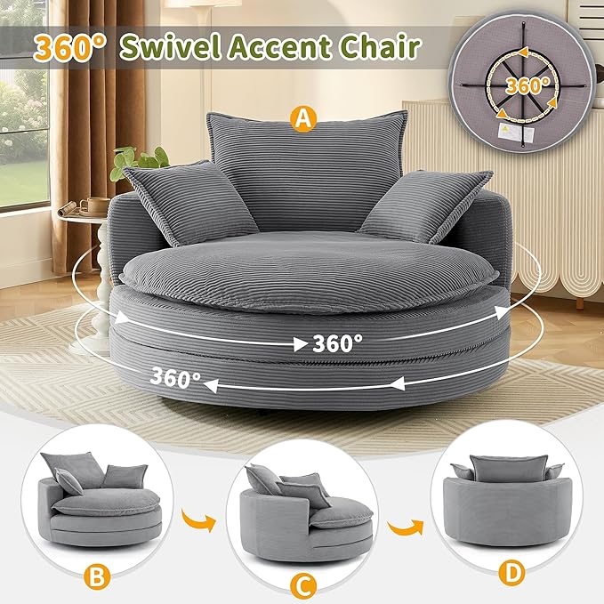 Eafurn 57.5 Oversized Swivel Barrel Chair with Dual-Layer Cloud Cushion Modern Corduroy Accent Round Chair for Living Room 360° Rotating Lounge Armchair with 3 Pillows for Bedroom &amp Reading Noo