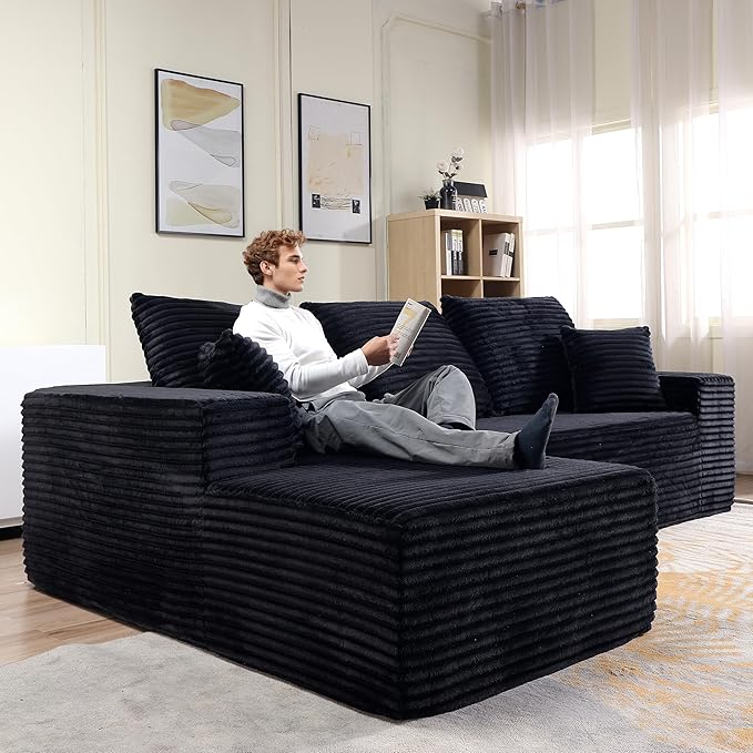 107 L-Shaped Cloud Couch with Pillows Modular Sectional Sofa with Chaise Comfy Corduroy 3-Seater Sofa with Deep-Seat for Living Room No Assembly Required (Black Left-Facing Chaise)