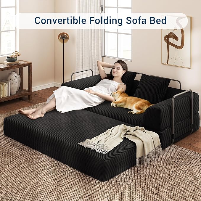 Cloud Boneless Convertible Sofa Bed 4-in-1 Foldable Compressed High-Density Sponge Sofa 70 Corduroy Fabric 3 Seater Sleeper Couch Futon Daybed for Living Room Bedroom (Black)