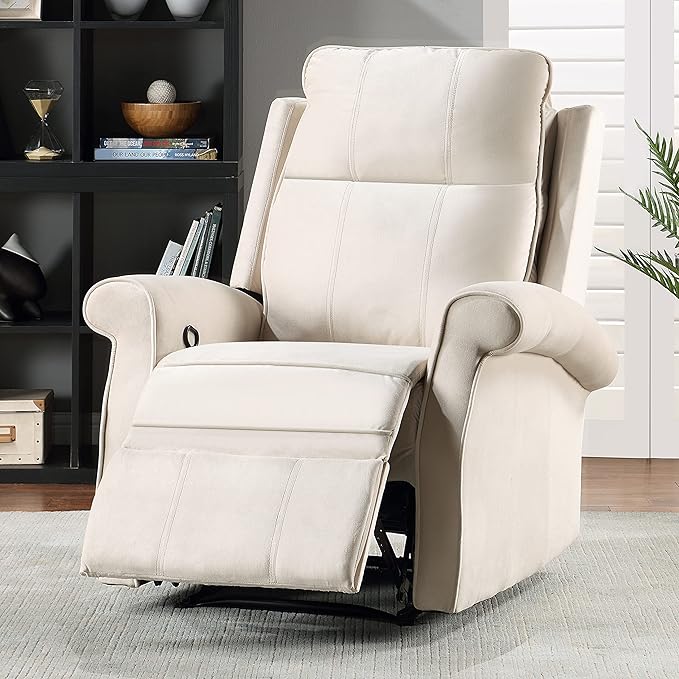 Oversize Modern Upholstered Lounge Single Sofa Manul Recliner Chair with Soft Durable Fabric and Overstuffed Armrests with Tall Neck Support for Living Room Beige