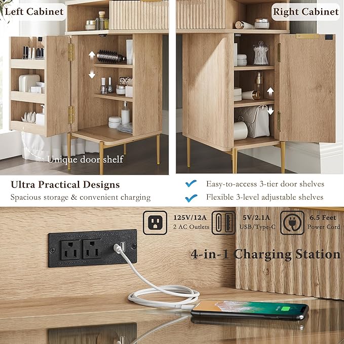 T4TREAM 48 Fluted Makeup Vanity Desk with HD Triple Mirror and Lights Large Lighted Corner Vanity with Glass Top Modern Dressing Table with 3 Drawers &amp 2 Cabinets for Bedroom Natural Oak