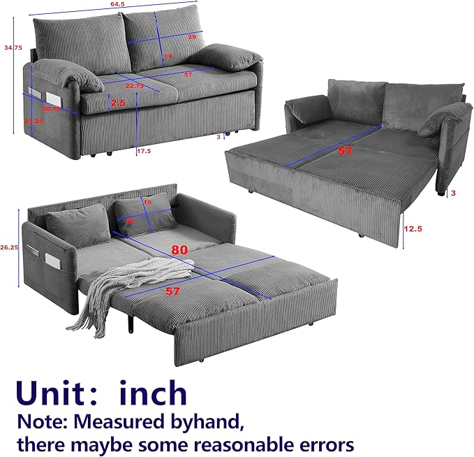 Eafurn 3 in 1 Convertible Pull Out Sleeper Sofa Couch Bed Queen Size Corduroy Pullout Lounge Loveseat RV Sofa&ampCouches Sofabed with Soft Pillows ArmrestSide Pockers for Living Room Apartment