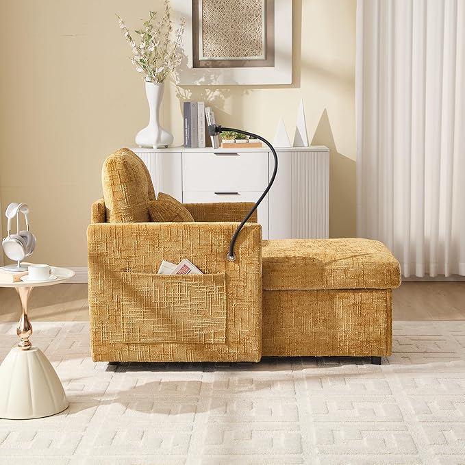 Multifunctional Sofa Recliner Chairs with Storage Cell Phone Bracket Chenille Recliner Chair Bed with Side Pockets and High Backrest Modern Living Room Single Lounge Chair (Mustard Yellow)