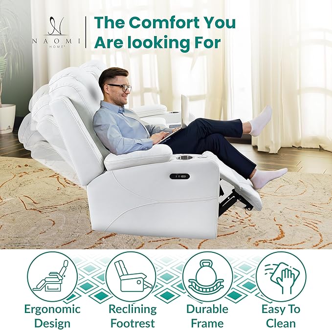Chicago Home Theater Loveseat Recliner with Bluetooth Speakers LED Lights Wireless Charging Storage Console &amp Cup Holders - White