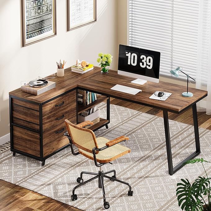 Tribesigns L-Shaped Computer Desk with 3 Drawers Reversible Corner Home Office Desk with Shelves 53-Inch Industrial PC Desk Study Writing Table Workstation for Small Space Rustic Brown