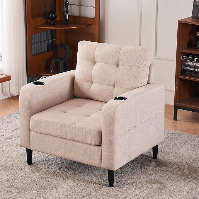Accent Chair with Ottoman Set Upholstered Armchair with Storage Ottoman Cup Holders &amp Side Pocket Single Sofa Chair with Tufted Detailing for Living Room or Bedroom (Beige)